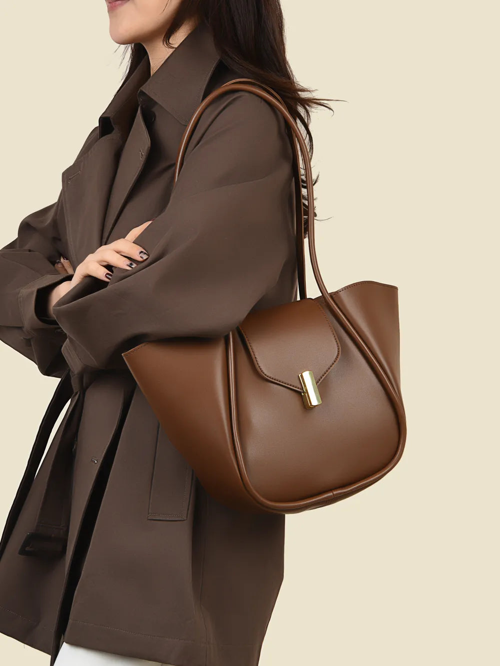 Faux Leather Shoulder Bag with Pouch Dark Brown One Size