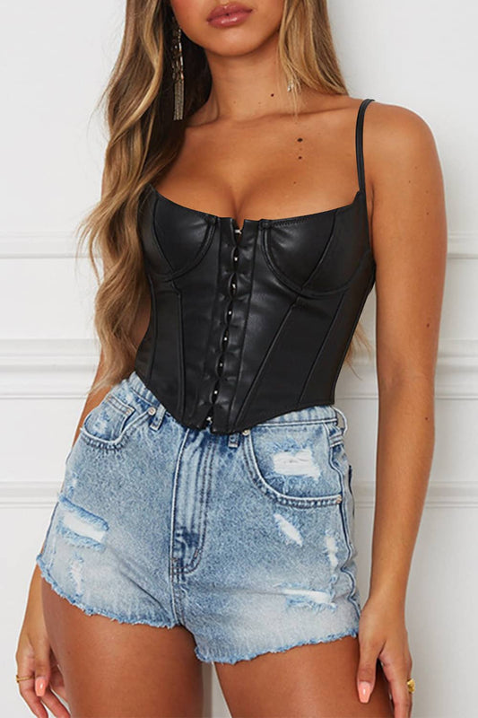 leather corset top with straps Black