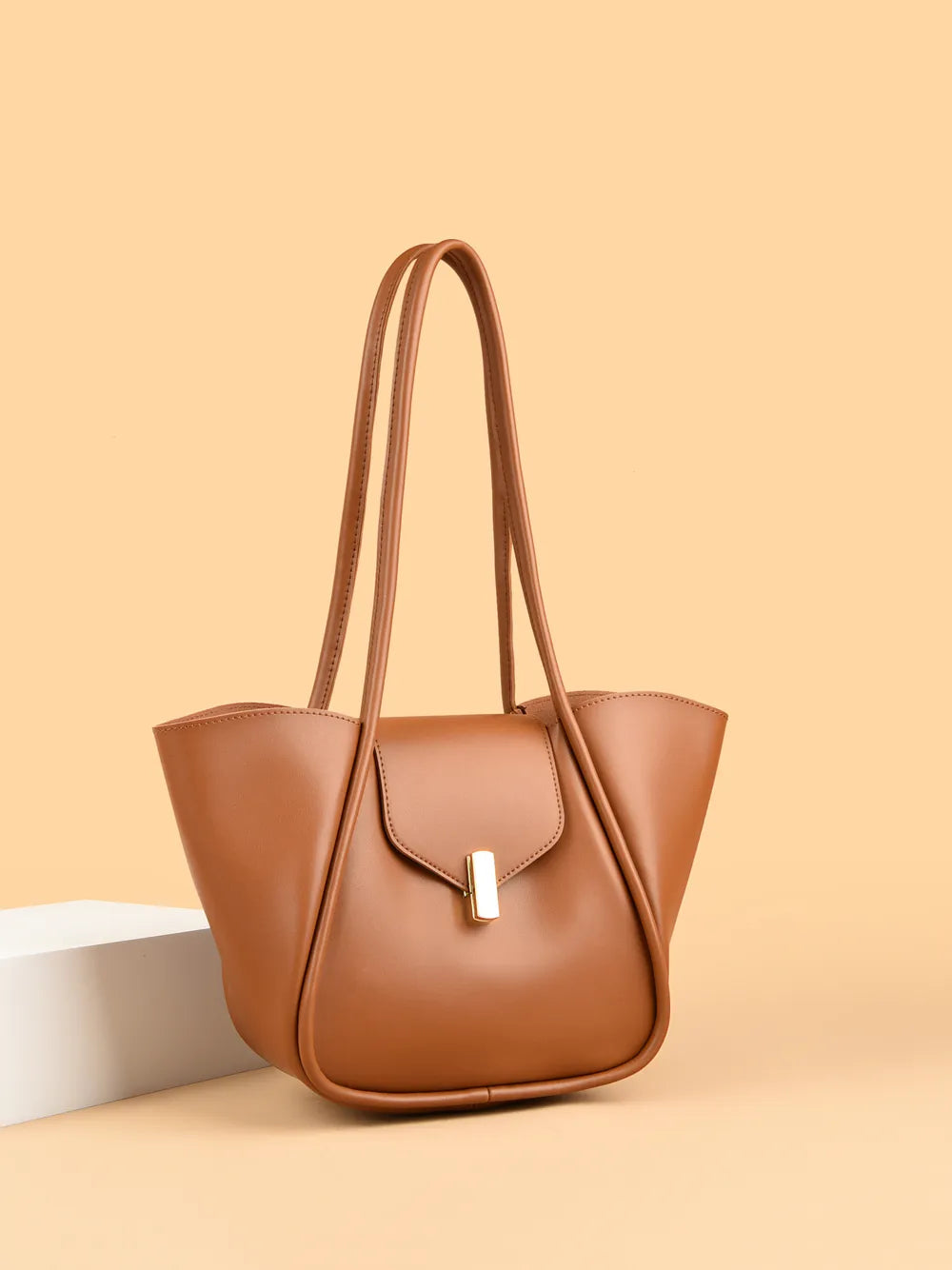 Faux Leather Shoulder Bag with Pouch Caramel One Size