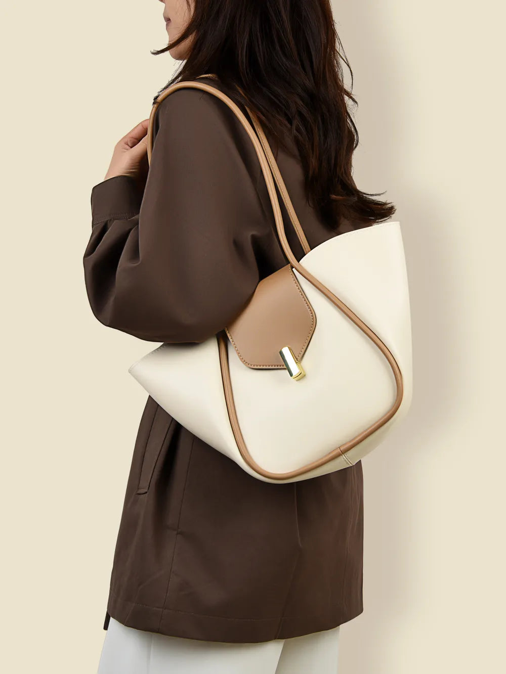 Faux Leather Shoulder Bag with Pouch Cream One Size