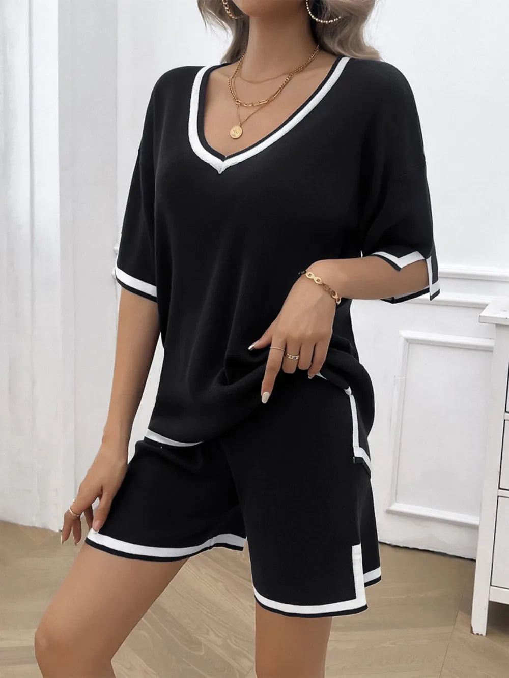 V-Neck Top and Shorts Set Black