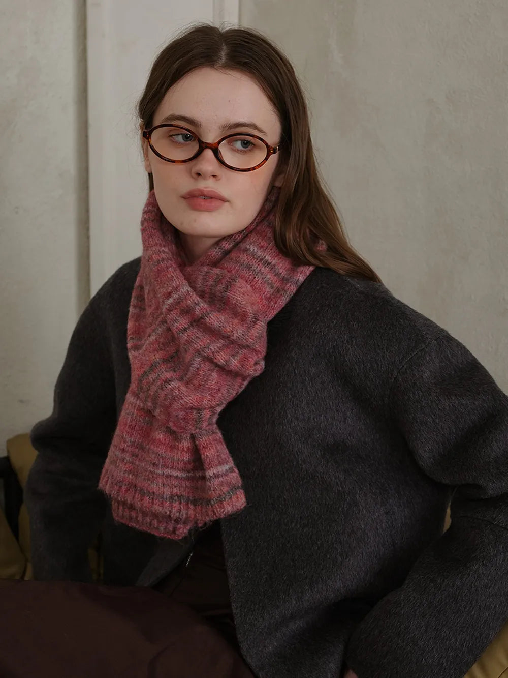 Striped Detail Knit Scarf Cerise One Size