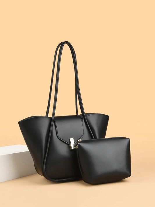 Faux Leather Shoulder Bag with Pouch Black One Size