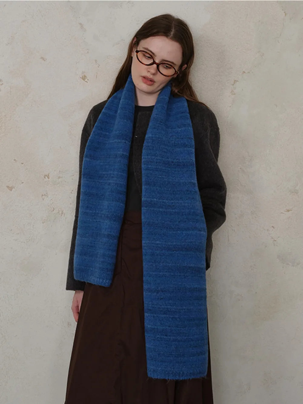 Striped Detail Knit Scarf Royal Blue One Size