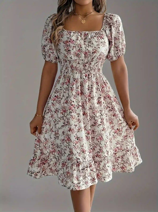 Short Sleeve Floral Midi Dress White