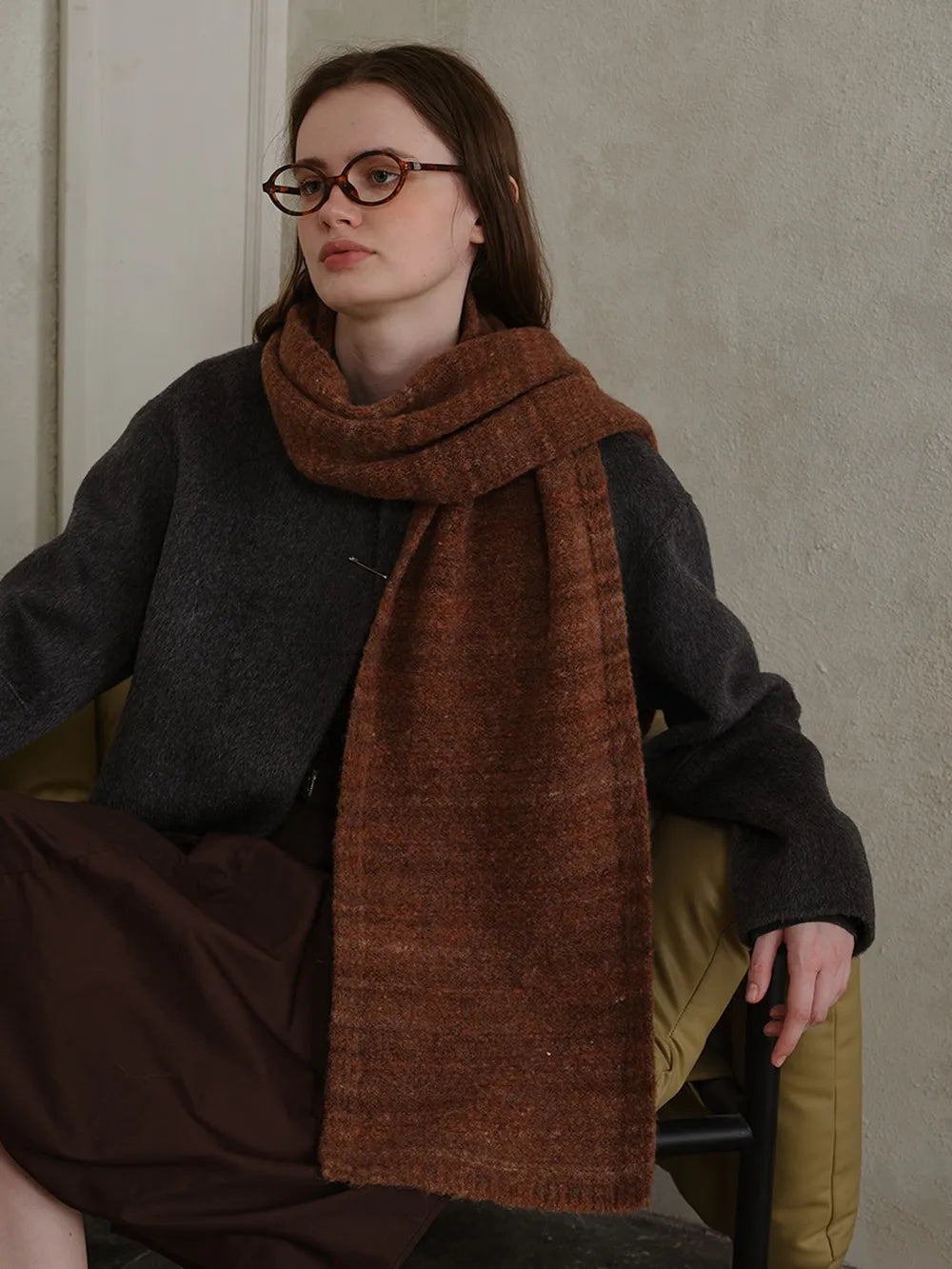Striped Detail Knit Scarf Dark Brown One Size