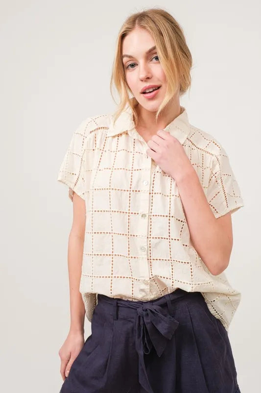 Cotton Eyelet Button-Down Shirt Beige