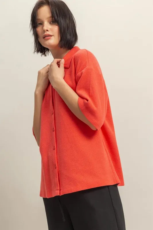 Women waffle button down shirt