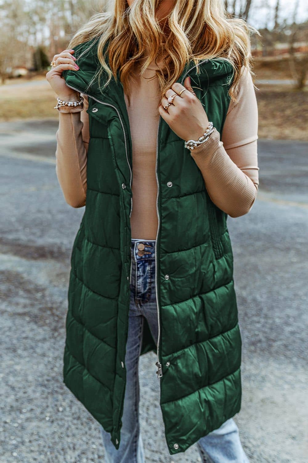 long puffer vest with hood Green