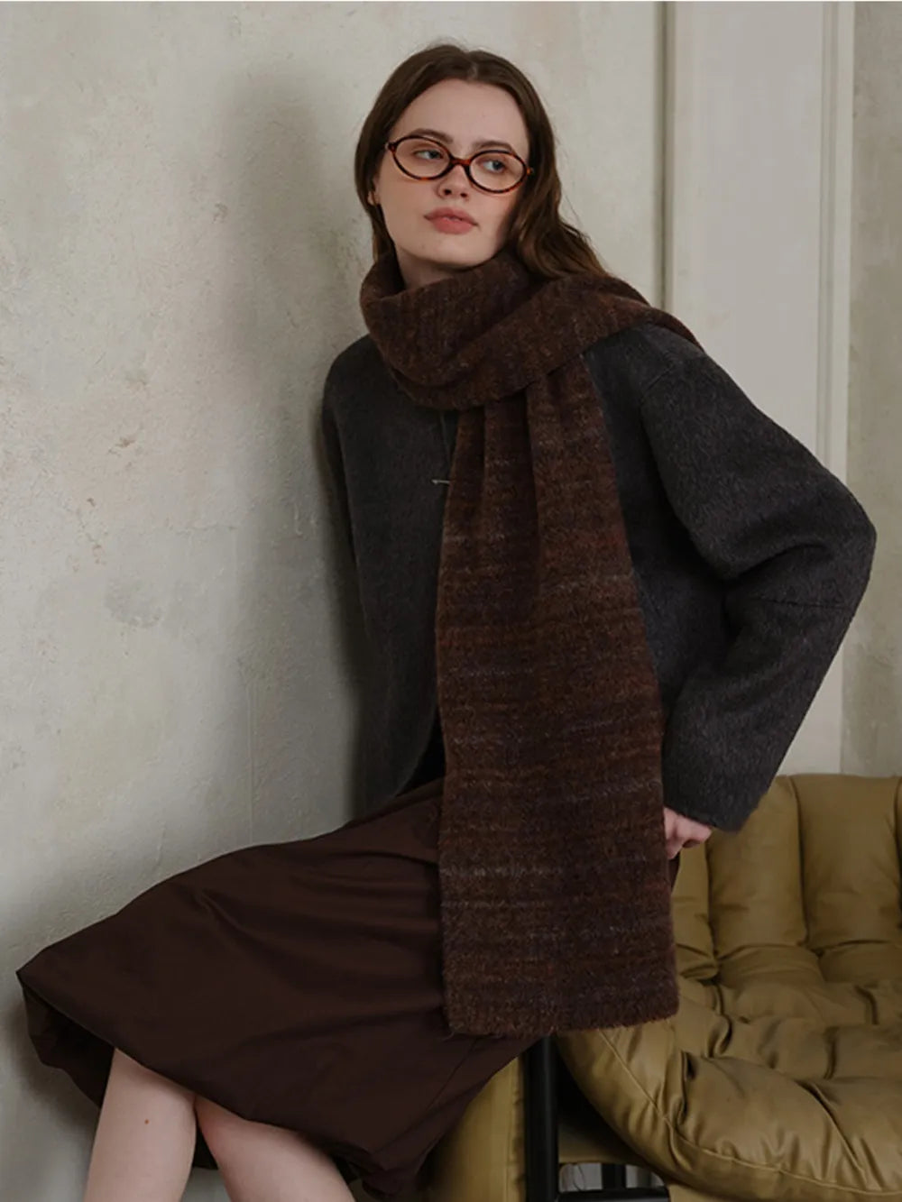 Striped Detail Knit Scarf Chocolate One Size