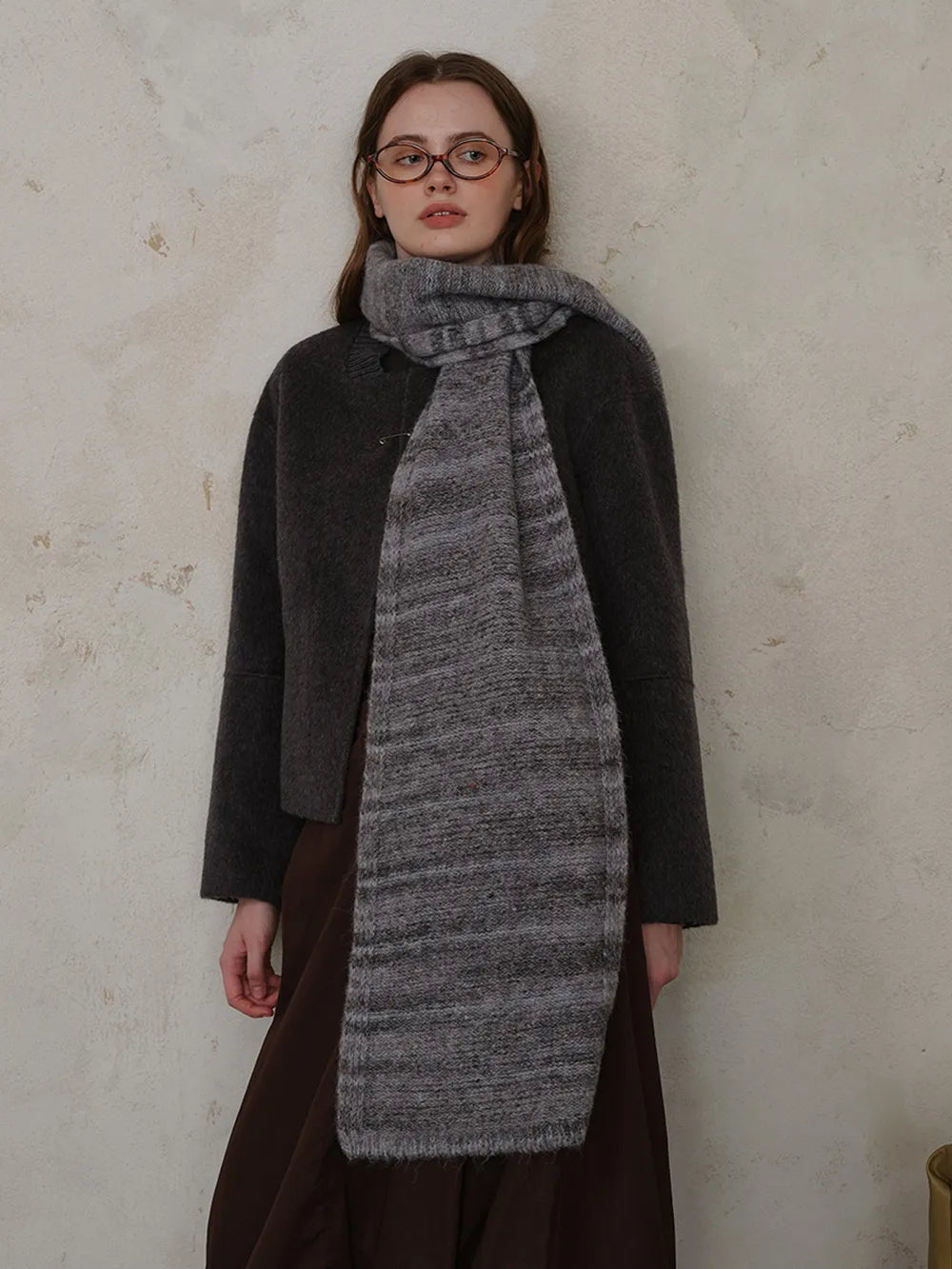 Striped Detail Knit Scarf Dark Gray One Size
