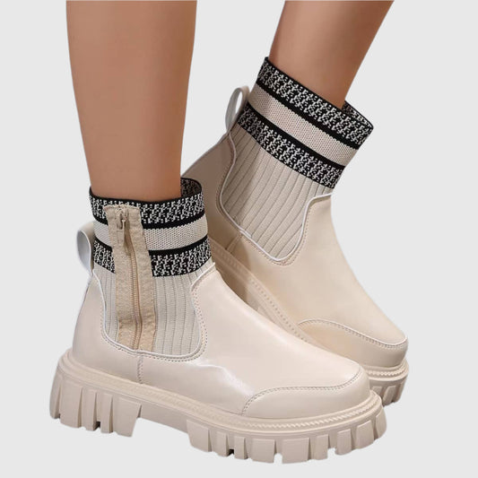 Round Toe Boots With Zipper Beige