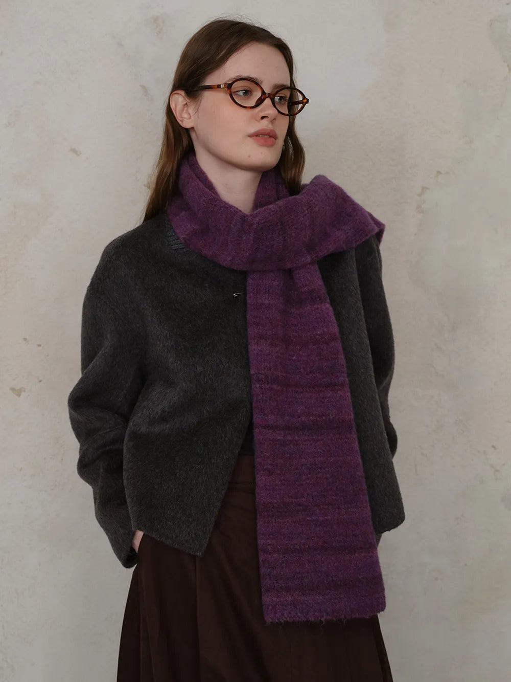 Striped Detail Knit Scarf Deep Purple One Size