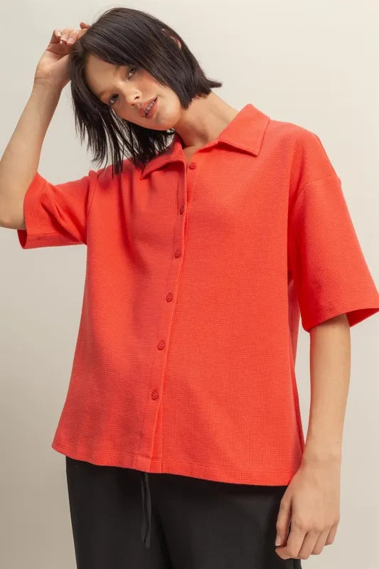 Women waffle button down shirt Coral