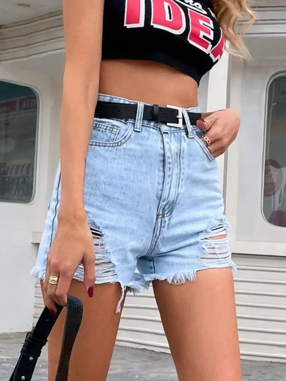 Ripped Denim Shorts High Waisted