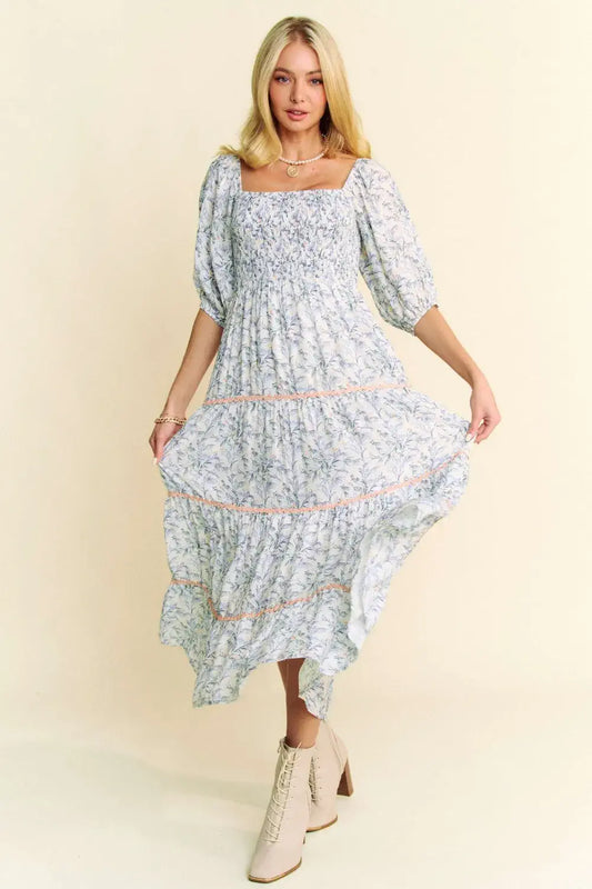 Smocked Bodice Midi Dress Light Blue