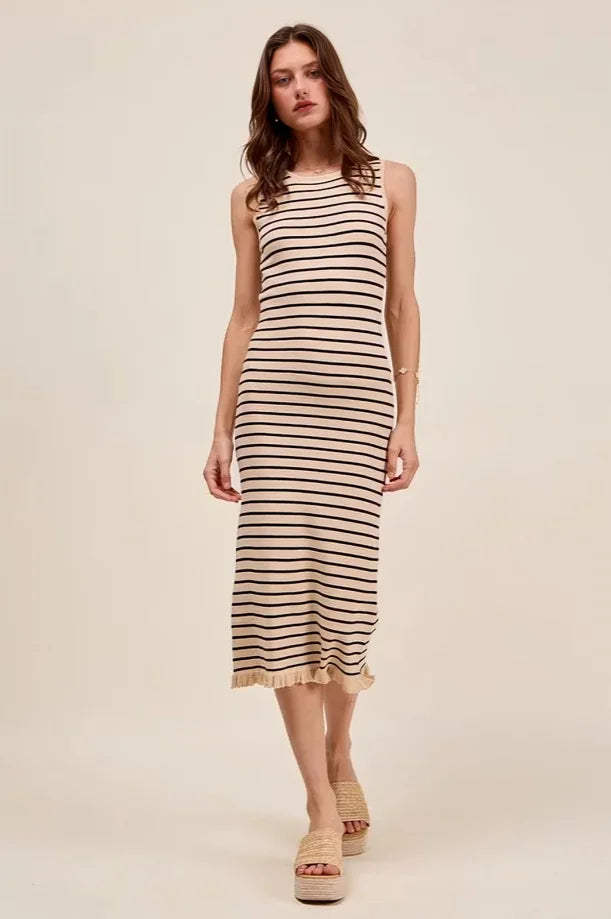Striped sleeveless midi sweater dress