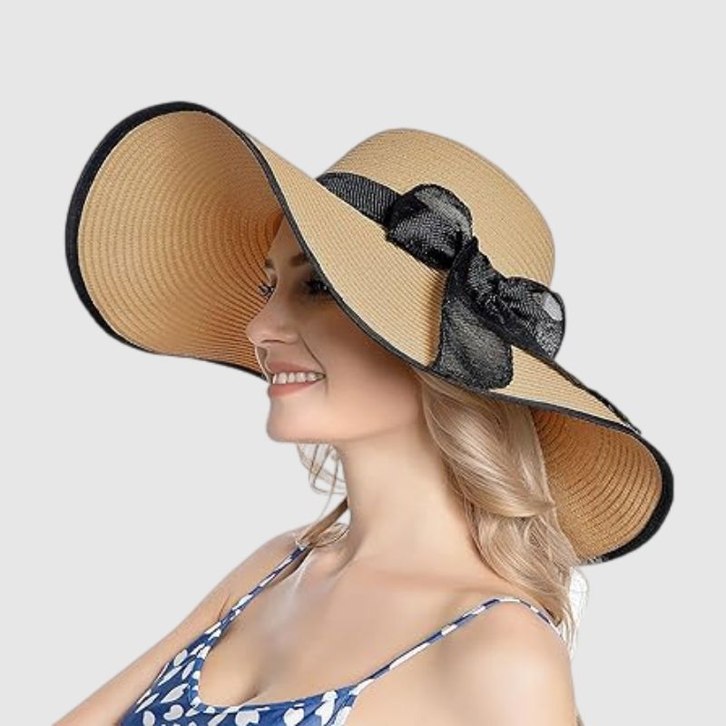 Straw Hat With Black Ribbon Khaki