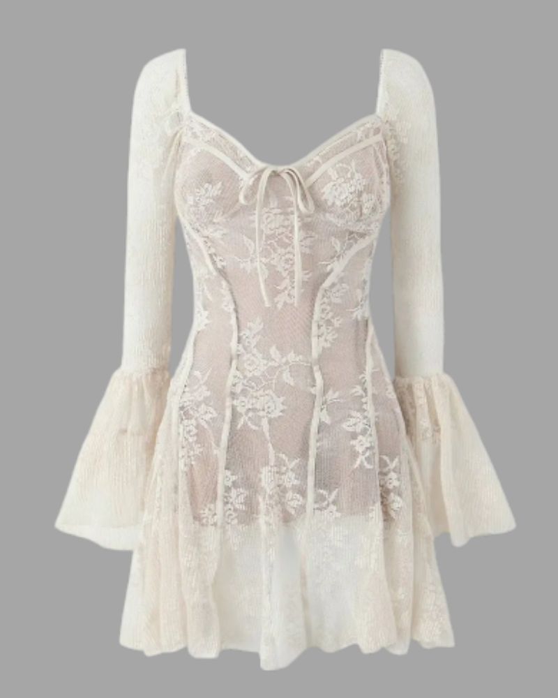 long sleeve lace white dress Short Style