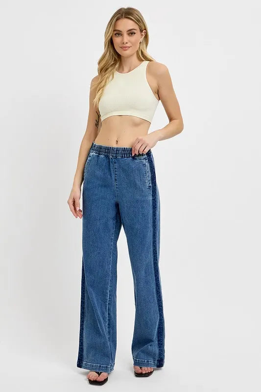 Wide Leg Jeans With Elastic Waist Blue