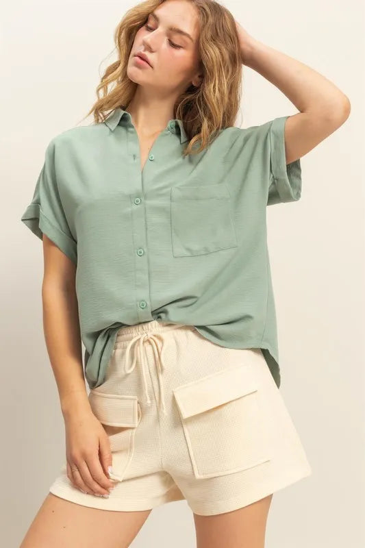 button down shirt women's short sleeve Sage Green