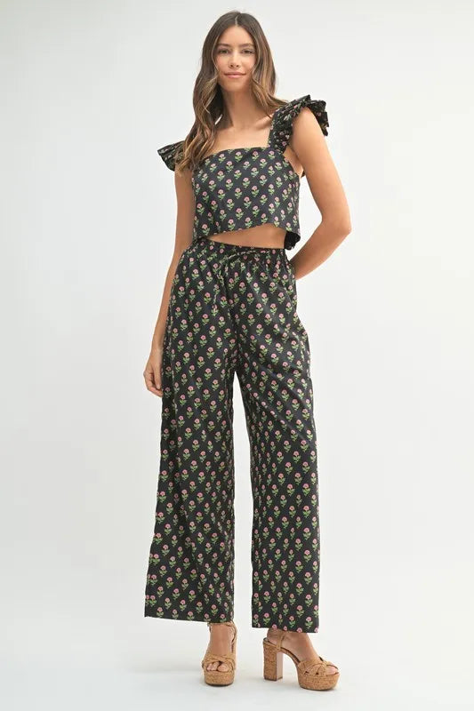 floral two piece pants set Black