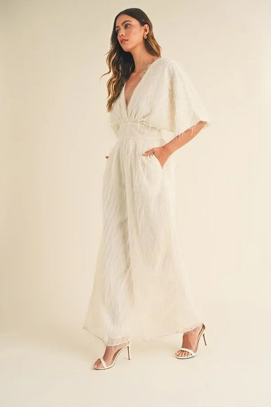 Deep V Neck Wide Leg Jumpsuit Cream